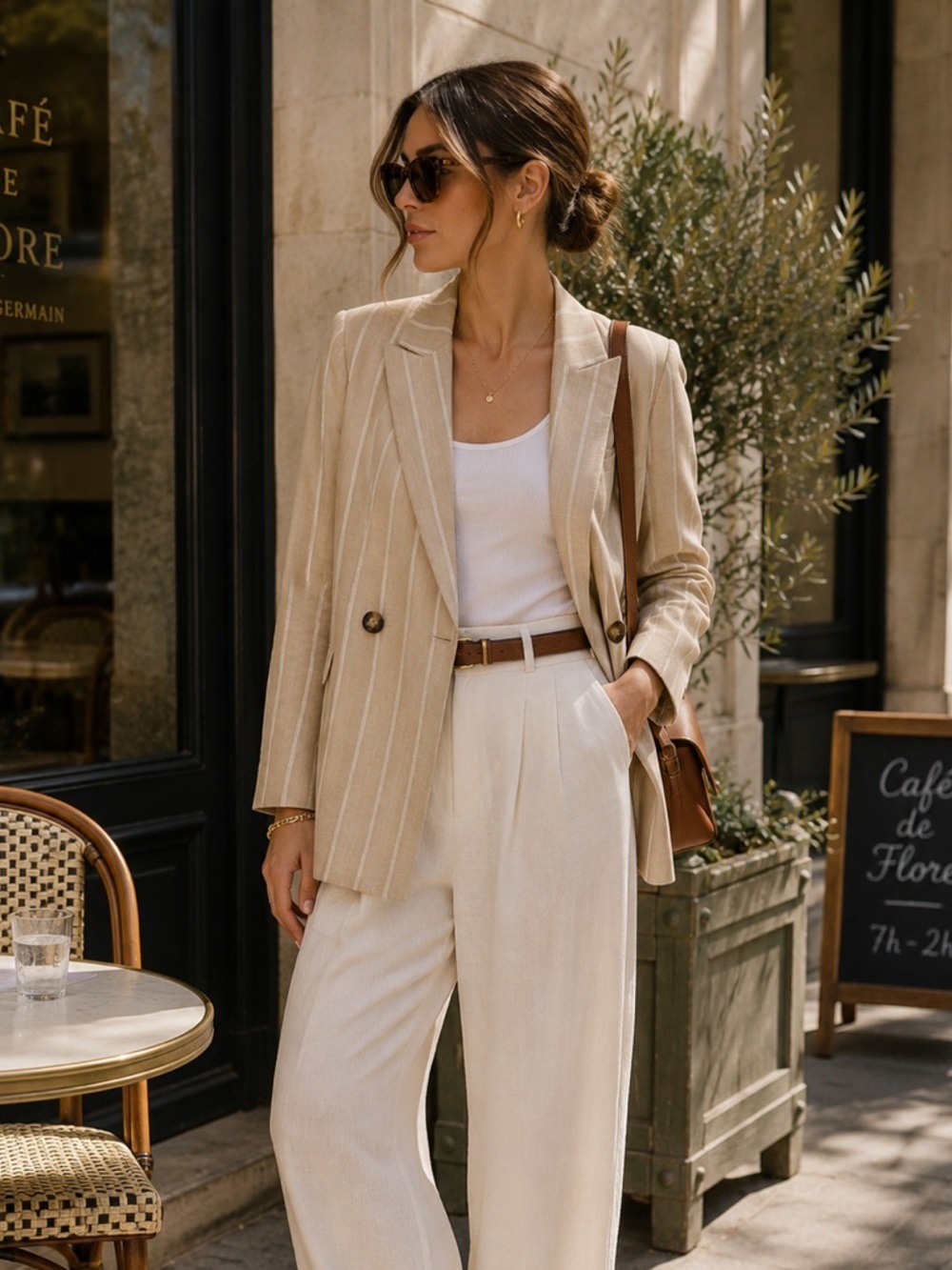 Ann Taylor Linen Blend Double Breasted Pinstripe Blazer Tan Career Jacket Size 8